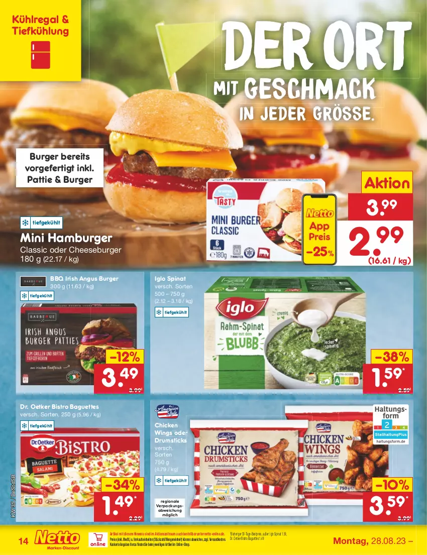 Aktueller Prospekt Netto Marken-Discount - Filial-Angebote - von 28.08 bis 02.09.2023 - strona 16 - produkty: baguette, baguettes, bestpreis, Bistro Baguette, burger, chicken wings, Dr. Oetker, eis, hamburger, iglo, kühlregal, mac, ndk, regal, reis, rum, spinat, Ti