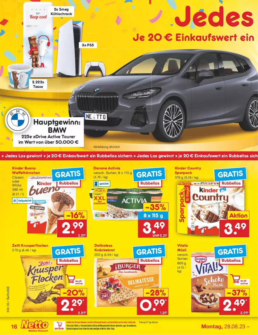 Aktueller Prospekt Netto Marken-Discount - Filial-Angebote - von 28.08 bis 02.09.2023 - strona 18 - produkty: activia, bestpreis, brot, danone, danone activia, eis, hörnchen, Kinder, kinder bueno, kinder country, knäckebrot, Knusperflocken, kühlschrank, müsli, ndk, reis, Schrank, tasse, Ti, vita, vitalis, vitalis müsli, Waffelhörnchen