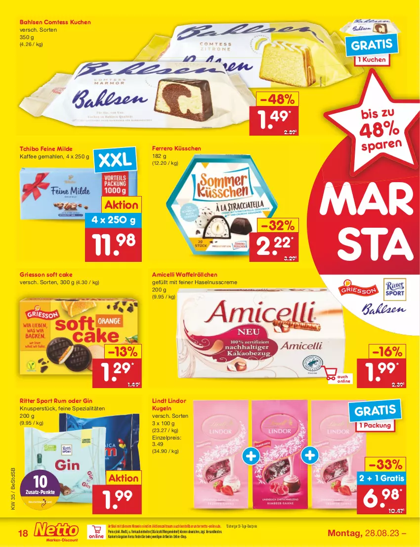 Aktueller Prospekt Netto Marken-Discount - Filial-Angebote - von 28.08 bis 02.09.2023 - strona 20 - produkty: amicelli, bahlsen, bestpreis, comtess, comtess kuchen, creme, eis, ferrero, Ferrero Küsschen, gin, griesson, haselnuss, Haselnusscreme, kaffee, kuchen, Kugel, lindor, lindt, ndk, nuss, reis, ritter, ritter sport, rum, Spezi, Sport, Tchibo, Ti, Waffelröllchen