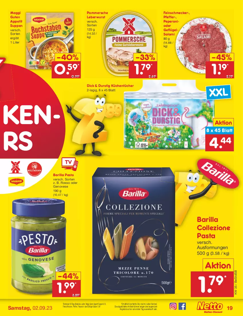 Aktueller Prospekt Netto Marken-Discount - Filial-Angebote - von 28.08 bis 02.09.2023 - strona 21 - produkty: angebot, barilla, bestpreis, eis, feinschmecker, Geflügel, genovese, küche, Küchen, küchentücher, leberwurst, maggi, pasta, peperoni, Peroni, pesto, pfeffer, Pommersche, reis, salami, suppe, suppen, Ti, tücher, wurst, ZTE