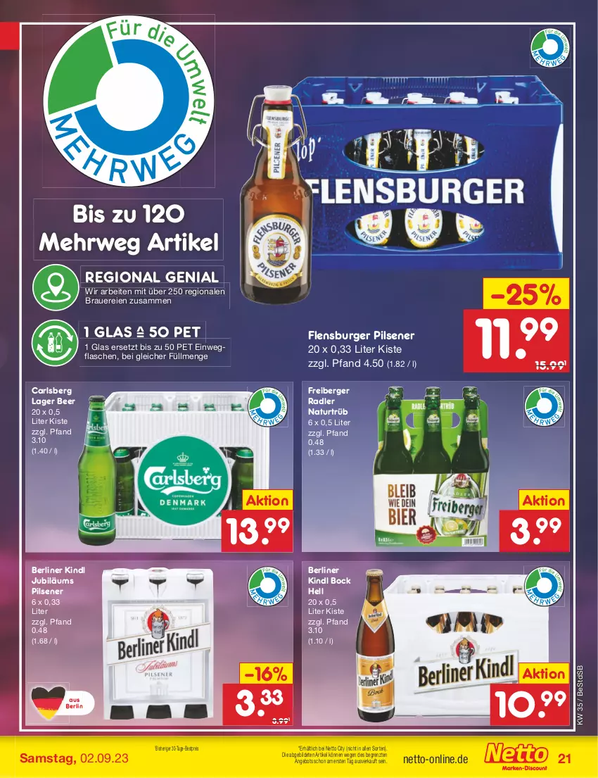 Aktueller Prospekt Netto Marken-Discount - Filial-Angebote - von 28.08 bis 02.09.2023 - strona 23 - produkty: angebot, auer, Berger, berliner, berliner kindl, bestpreis, burger, carlsberg, eis, flasche, flensburger, Freiberger, Jubiläums, natur, pils, pilsener, radler, reis, rwe, Ti, ZTE