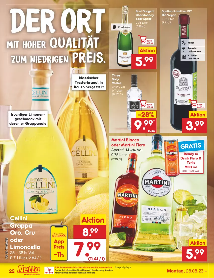 Aktueller Prospekt Netto Marken-Discount - Filial-Angebote - von 28.08 bis 02.09.2023 - strona 24 - produkty: aperitif, bestpreis, bio, brut, brut dargent, chardonnay, drink, eis, ente, frucht, grappa, limo, limonen, mac, martini, ndk, pasta, pizza, primitivo, reis, rotwein, Three Sixty, Ti, tonic, vodka, wein