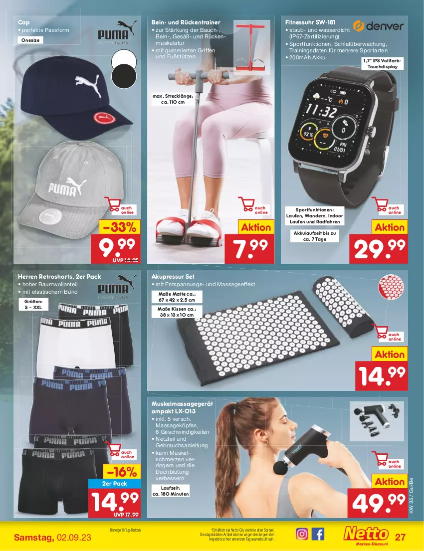 Aktueller Prospekt Netto Marken-Discount - Filial-Angebote - von 28.08 bis 02.09.2023 - strona 29 - produkty: akku, angebot, asti, Bau, bestpreis, Cap, eis, kissen, Laufen, Massagegerät, Rauch, reis, retroshorts, ring, shorts, Sport, Ti, tisch, uhr, wasser, ZTE