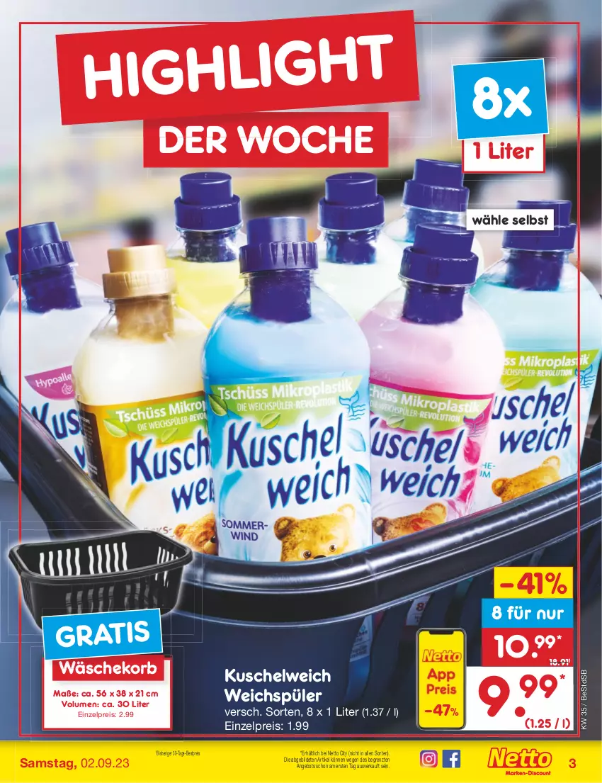 Aktueller Prospekt Netto Marken-Discount - Filial-Angebote - von 28.08 bis 02.09.2023 - strona 3 - produkty: angebot, bestpreis, eis, korb, Kuschelweich, reis, Ti, wäschekorb, weichspüler, ZTE