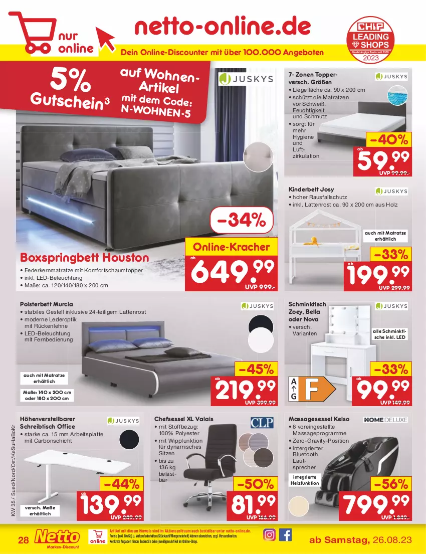 Aktueller Prospekt Netto Marken-Discount - Filial-Angebote - von 28.08 bis 02.09.2023 - strona 30 - produkty: angebot, angebote, arbeitsplatte, beleuchtung, bett, boxspringbett, chefsessel, discount, eis, federkern, federkernmatratze, fernbedienung, Holz, kernmatratze, Kinder, Kinderbett, komfortschaumtopper, kracher, latte, lattenrost, lautsprecher, led-beleuchtung, Liege, matratze, matratzen, mit fernbedienung, Mode, ndk, office, polsterbett, reis, Ria, ring, rückenlehne, schreibtisch, sessel, Ti, tisch, topper