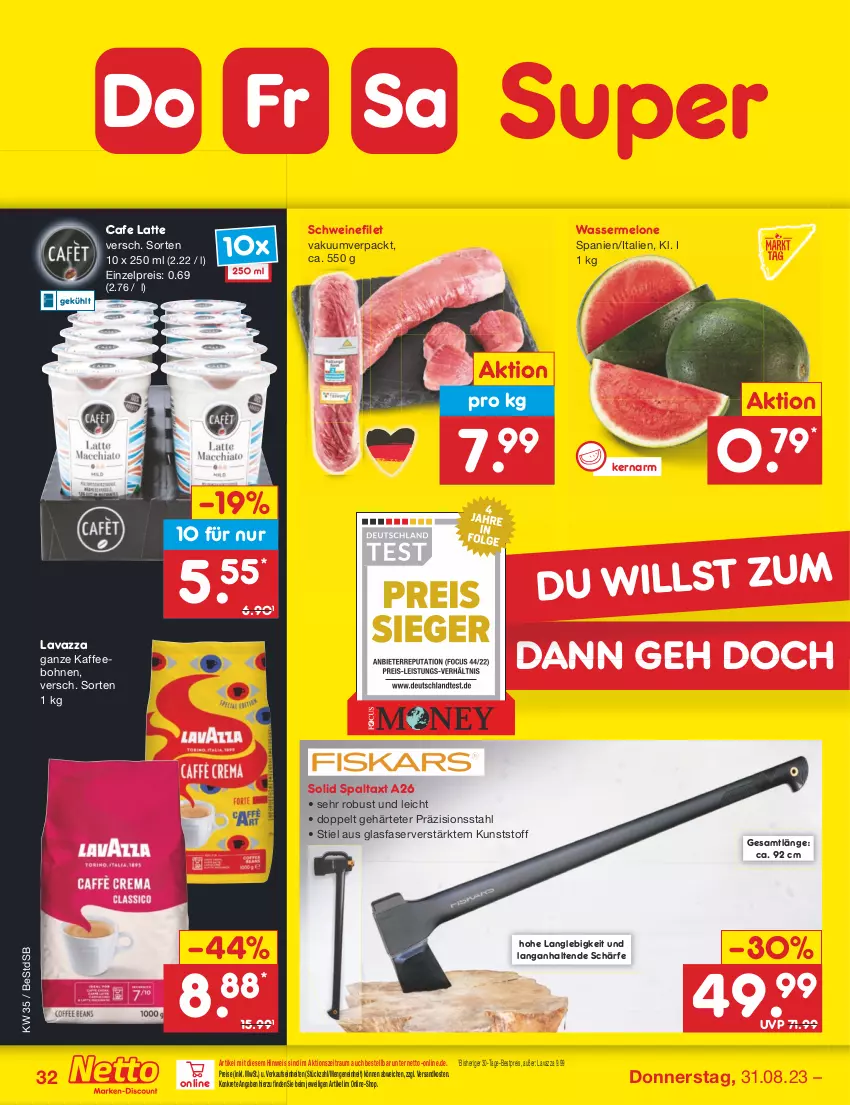 Aktueller Prospekt Netto Marken-Discount - Filial-Angebote - von 28.08 bis 02.09.2023 - strona 34 - produkty: bestpreis, bohne, bohnen, eis, filet, kaffee, kaffeebohnen, latte, lavazza, melone, ndk, reis, schwein, schweine, schweinefilet, Ti, wasser, wassermelone, wein, weine