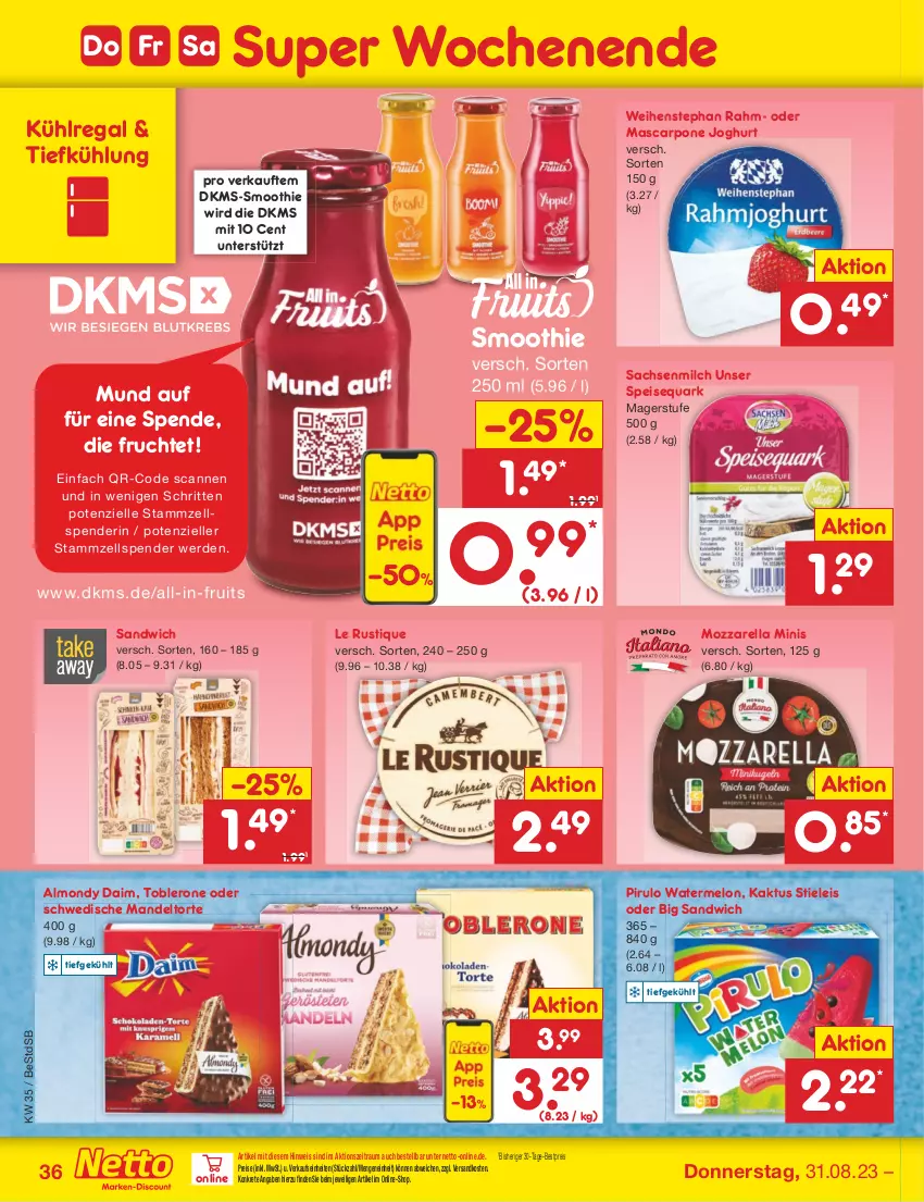 Aktueller Prospekt Netto Marken-Discount - Filial-Angebote - von 28.08 bis 02.09.2023 - strona 38 - produkty: bestpreis, daim, eis, elle, erde, frucht, joghur, joghurt, kühlregal, Le Rustique, mandel, mascarpone, milch, mozzarella, ndk, quark, regal, reis, rel, sac, sandwich, smoothie, speisequark, stieleis, Ti, toblerone, torte, weihenstephan