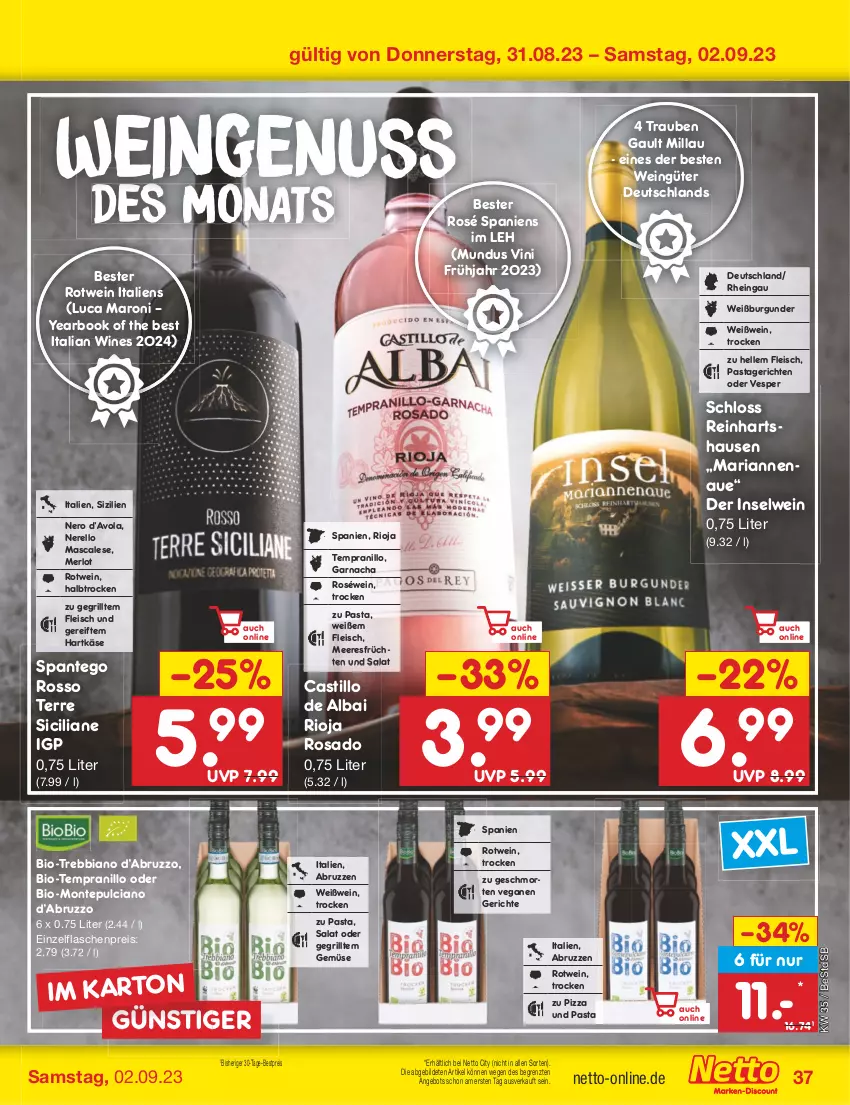 Aktueller Prospekt Netto Marken-Discount - Filial-Angebote - von 28.08 bis 02.09.2023 - strona 39 - produkty: angebot, asti, bestpreis, bio, burgunder, eis, elle, flasche, fleisch, früchte, früchten, grill, hartkäse, Käse, meeresfrüchte, merl, merlot, monte, Montepulciano, nero, nuss, pasta, Pastagericht, pizza, reis, rel, Ria, rioja, roséwein, rotwein, salat, tempranillo, Ti, trauben, wein, Weißburgunder, Weißwein, ZTE