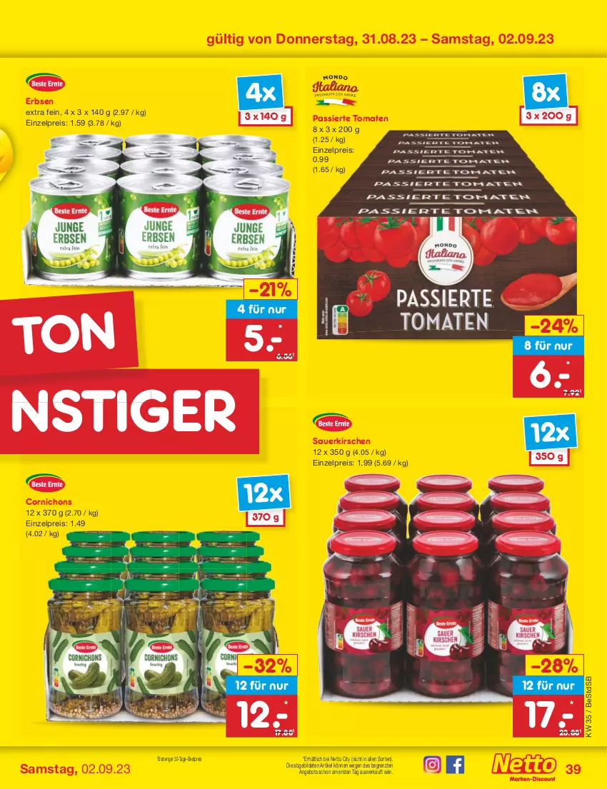 Aktueller Prospekt Netto Marken-Discount - Filial-Angebote - von 28.08 bis 02.09.2023 - strona 41 - produkty: angebot, auer, bestpreis, eis, erbsen, kirsch, kirsche, kirschen, reis, sauerkirschen, Ti, tomate, tomaten, ZTE