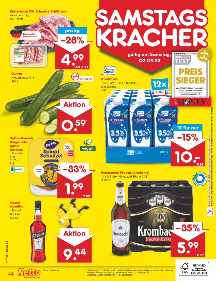 Aktueller Prospekt Netto Marken-Discount - Filial-Angebote - von 28.08 bis 02.09.2023 - strona 46 - produkty: alkohol, angebot, angebote, aperol, asti, bestpreis, brokkoli, burger, discount, eis, fleisch, gurke, gurken, Holz, kracher, krombache, krombacher, krombacher pils, marken-discount, milch, ndk, pils, reis, schnitzel, schwein, schweine, spinat, Ti, vollmilch, wein, weine, ZTE