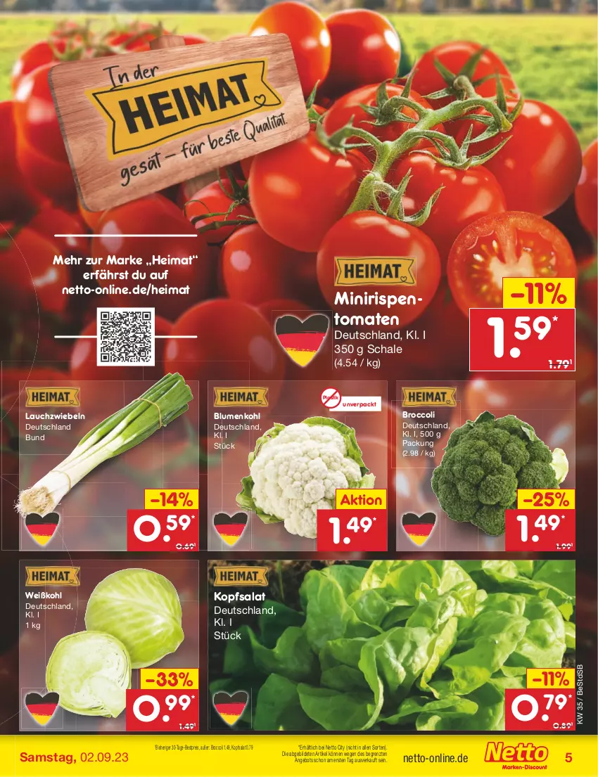 Aktueller Prospekt Netto Marken-Discount - Filial-Angebote - von 28.08 bis 02.09.2023 - strona 5 - produkty: angebot, asti, bestpreis, blume, blumen, blumenkohl, broccoli, eis, kopfsalat, Lauchzwiebel, lauchzwiebeln, reis, rispentomaten, salat, Schal, Schale, Ti, tomate, tomaten, Weißkohl, ZTE, zwiebel, zwiebeln