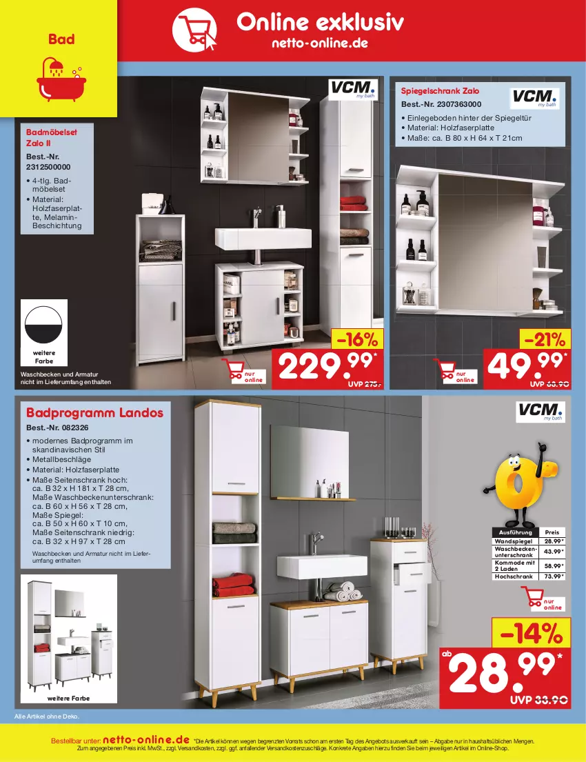 Aktueller Prospekt Netto Marken-Discount - Filial-Angebote - von 28.08 bis 02.09.2023 - strona 50 - produkty: angebot, armatur, Bad, Badmöbel, Beckenunterschrank, eis, hochschrank, Holz, kommode, latte, LG, möbel, Mode, ndk, reis, Ria, rum, Schrank, Seitenschrank, spiegel, spiegelschrank, Ti, und armatur, unterschrank, Wandspiegel, waschbecken, waschbeckenunterschrank, ZTE