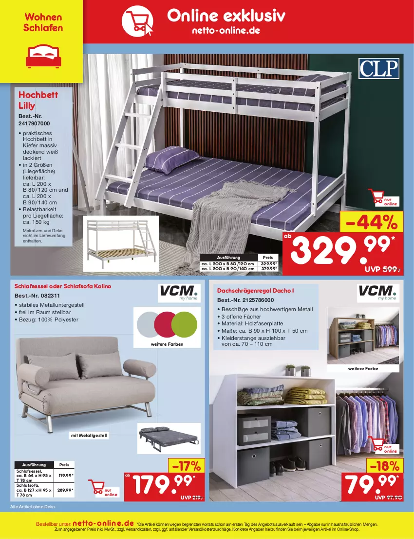 Aktueller Prospekt Netto Marken-Discount - Filial-Angebote - von 28.08 bis 02.09.2023 - strona 52 - produkty: angebot, bett, decke, eis, hochbett, Holz, kleid, kleider, lack, latte, LG, Liege, matratze, matratzen, ndk, regal, reis, Ria, rum, schlafsofa, sessel, Sofa, Ti, tisch, ZTE