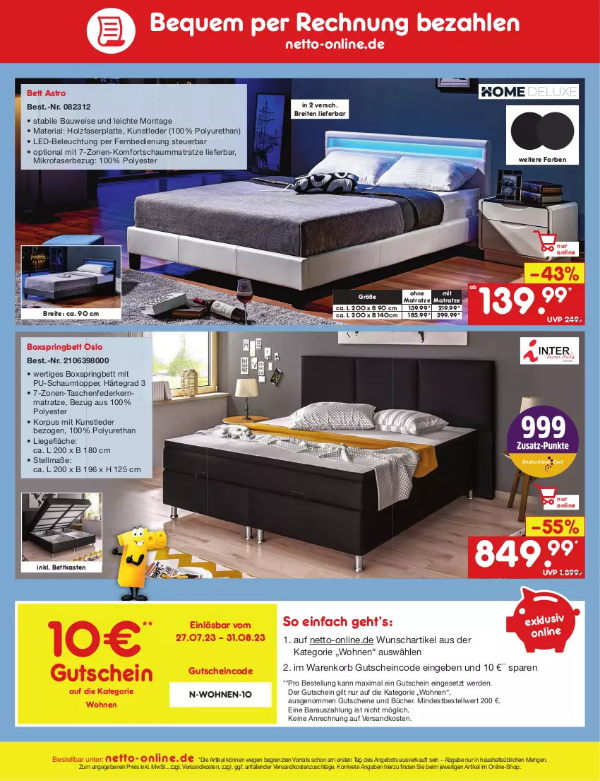 Aktueller Prospekt Netto Marken-Discount - Filial-Angebote - von 28.08 bis 02.09.2023 - strona 53 - produkty: angebot, Bau, beleuchtung, bett, bettkasten, boxspringbett, Brei, eis, erde, federkern, federkernmatratze, fernbedienung, gutschein, gutscheine, Holz, kernmatratze, komfortschaummatratze, korb, latte, led-beleuchtung, Liege, matratze, mikrofaser, ndk, reis, Ria, ring, Schaummatratze, Tasche, taschen, taschenfederkernmatratze, Ti, topper, ZTE