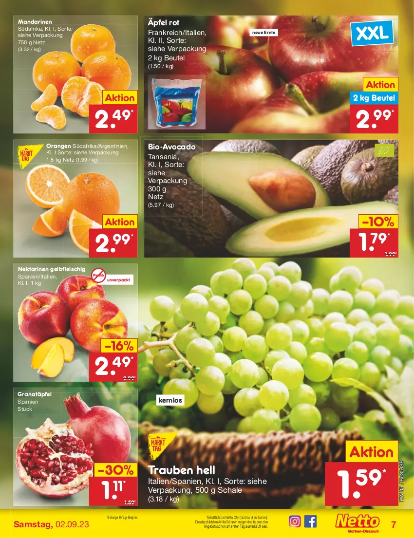 Aktueller Prospekt Netto Marken-Discount - Filial-Angebote - von 28.08 bis 02.09.2023 - strona 7 - produkty: angebot, asti, avocado, bestpreis, beutel, bio, eis, fleisch, grana, Granatäpfel, mandarine, mandarinen, Nektar, nektarinen, orange, orangen, Rana, reis, Schal, Schale, Ti, trauben, ZTE