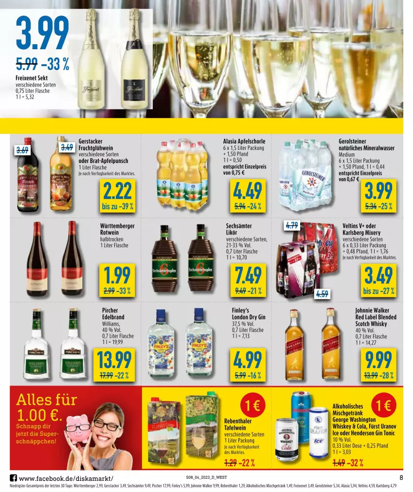 Aktueller Prospekt Diska - Prospekte - von 23.01 bis 28.01.2023 - strona 8 - produkty: alkohol, Alwa, apfel, Apfelschorle, Berger, cola, dry gin, eis, enders, flasche, freixenet, frucht, gerolsteine, gerolsteiner, getränk, gin, Glühwein, johnnie walker, karlsberg, karlsberg mixery, likör, london dry, london dry gin, mineralwasser, Mixer, mixery, natürliches mineralwasser, pircher, reis, rotwein, schnäppchen, schorle, scotch, scotch whisky, sekt, steiner, Ti, tonic, veltins, wasser, wein, whiskey, whisky, ZTE