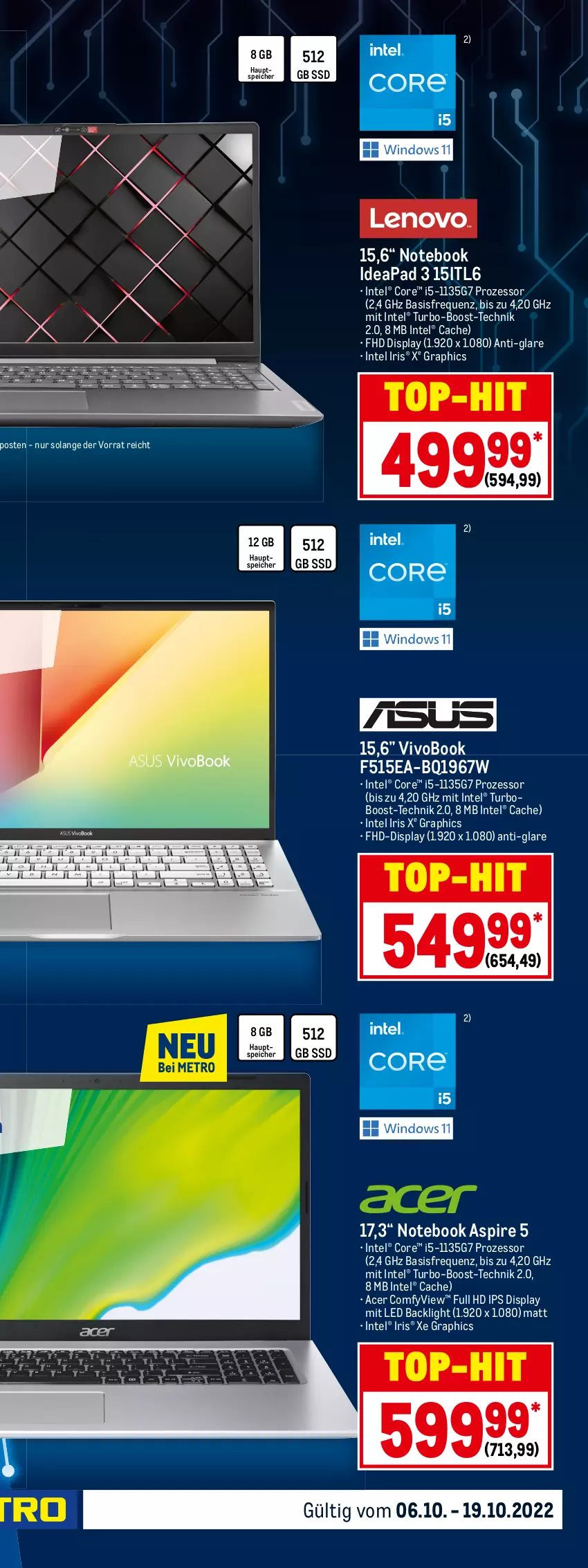 Aktueller Prospekt Metro - Technik Spezial - von 06.10 bis 19.10.2022 - strona 11 - produkty: acer, Alwa, aust, auto, celeron, deo, Elektro, elle, ente, festplatte, fritz, Intel, Laptop, latte, mac, monitor, notebook, notebooks, Pentium, radeon, Ria, ring, Router, smartphone, smartphones, Software, spee, ssd, tablet, Tablets, telefon, teller, Ti, tisch, top-hit, uhd, usb, VivoBook