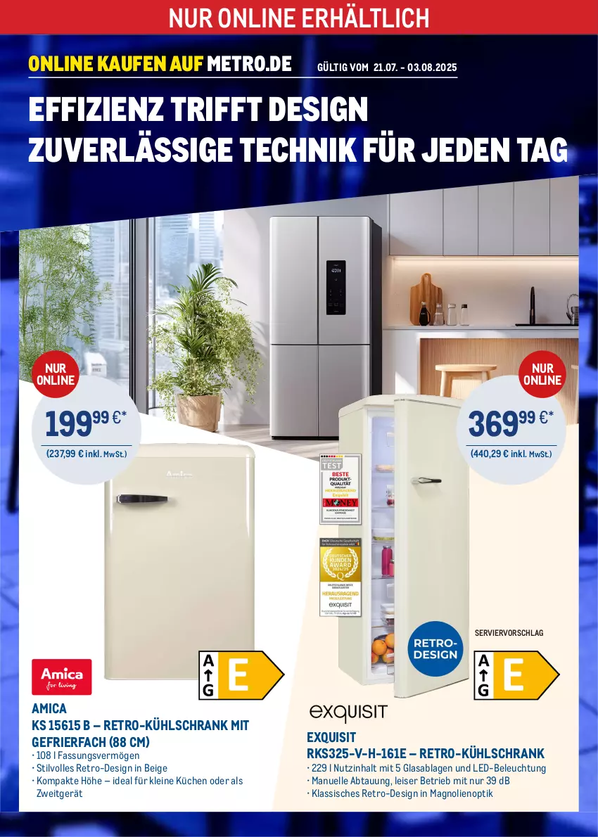 Aktueller Prospekt Metro - Online: Technik Angebote - von 21.07 bis 03.08.2025 - strona 1 - produkty: amica, beleuchtung, eis, elle, gefrierfach, küche, Küchen, kühlschrank, kühlschrank mit, led-beleuchtung, leine, Metro, Schrank, Ti