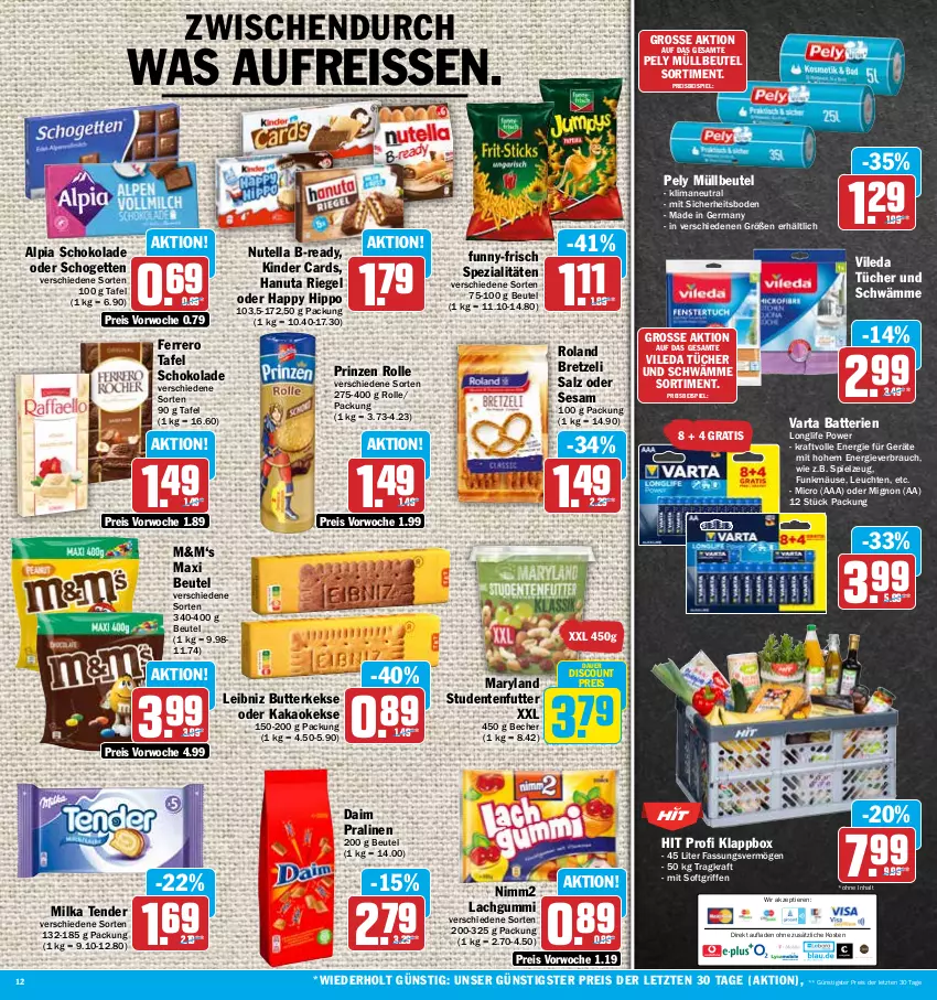 Aktueller Prospekt Hit - Prospekte - von 07.08 bis 12.08.2023 - strona 12 - produkty: alpia, auer, batterie, batterien, Becher, beutel, butter, butterkeks, daim, discount, eis, ente, ferrero, funny-frisch, Germ, hanuta, hipp, kakao, keks, kekse, Kinder, Klappbox, kraft, lachgummi, leibniz, Leuchte, leuchten, longlife, milka, müllbeutel, nimm2, nutella, pely, pralinen, prinzen rolle, Rauch, reis, reiss, riegel, salz, schogetten, schoko, schokolade, sesam, Spezi, spielzeug, studentenfutter, tender, Ti, Tiere, tücher, varta, vileda, ZTE