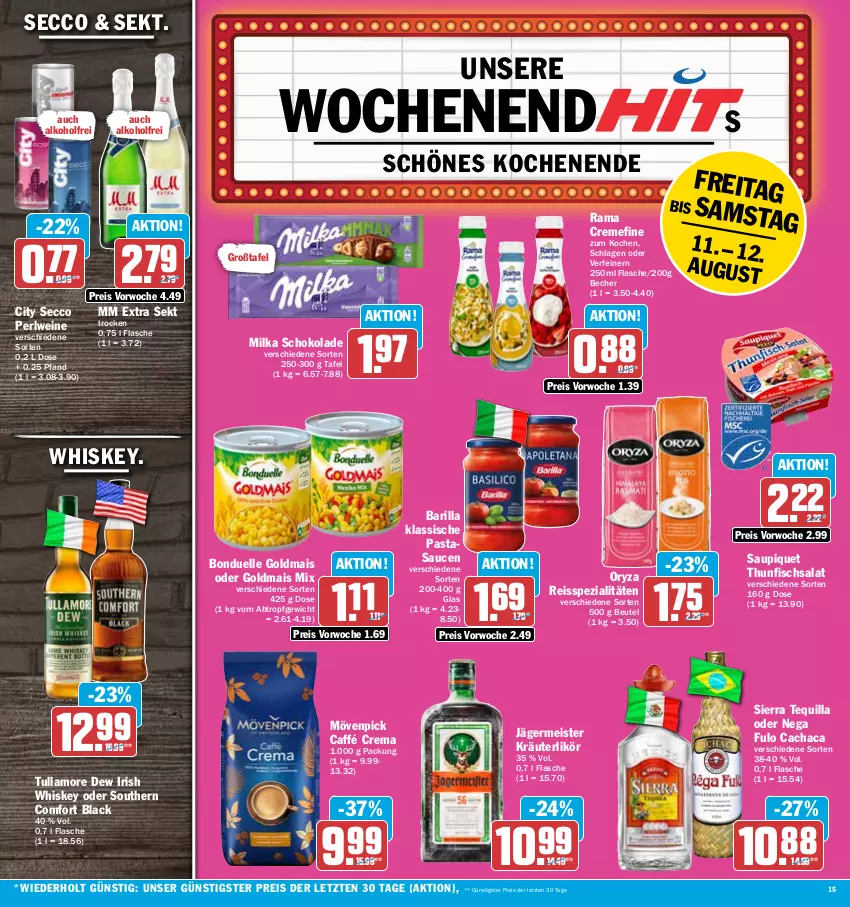 Aktueller Prospekt Hit - Prospekte - von 07.08 bis 12.08.2023 - strona 15 - produkty: alkohol, barilla, Becher, beutel, bonduelle, bonduelle goldmais, Cachaca, creme, ecco, eis, elle, fisch, flasche, Germ, Goldmais, goldmais oder, irish whiskey, jägermeister, kräuter, kräuterlikör, lack, likör, mais, Meister, milka, milka schokolade, mm extra, mövenpick, oryza, pasta, rama, rama cremefine, reis, reiss, salat, sauce, saucen, saupiquet, schoko, schokolade, sekt, Sierra, Southern Comfort, Spezi, thunfisch, Thunfischsalat, Ti, tullamore, tullamore dew, wein, weine, whiskey, ZTE