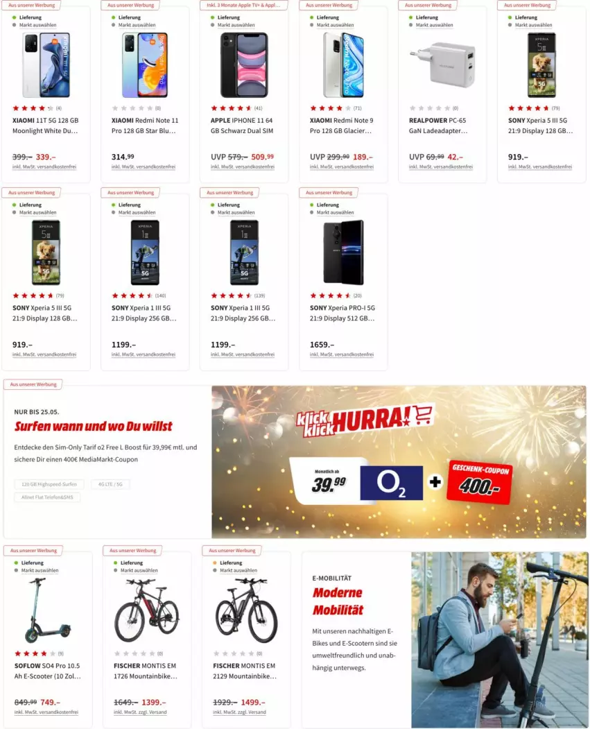 Aktueller Prospekt Media Markt - Prospekte - von 19.05 bis 26.05.2022 - strona 8 - produkty: adapter, Apple, apple iphone, coupon, decke, Dual SIM, E-Mobilität, fisch, fische, Fischer, iphone, iphone 11, mediamarkt, Mode, Mountainbike, ndk, Ria, rwe, scooter, sim, sony, Surf, Ti, versandkostenfrei, Xperia