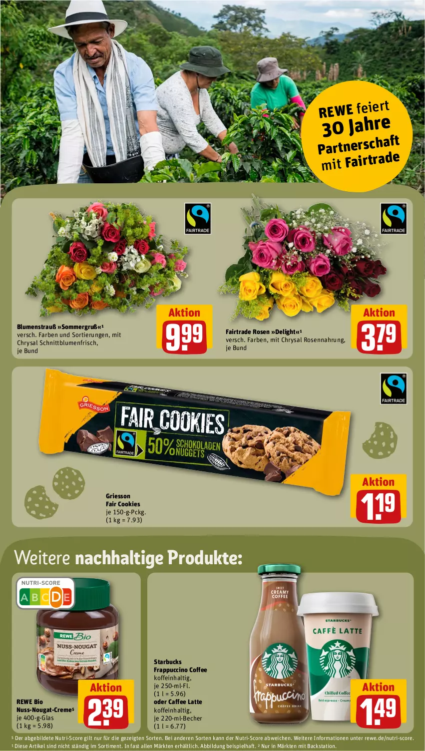 Aktueller Prospekt Rewe - Prospekte - von 11.09 bis 16.09.2023 - strona 11 - produkty: Becher, bio, blume, blumen, Blumenstrauß, caffe, cin, cookie, cookies, creme, eis, griesson, latte, nuss, nuss-nougat-creme, rewe bio, rosen, starbucks, Ti