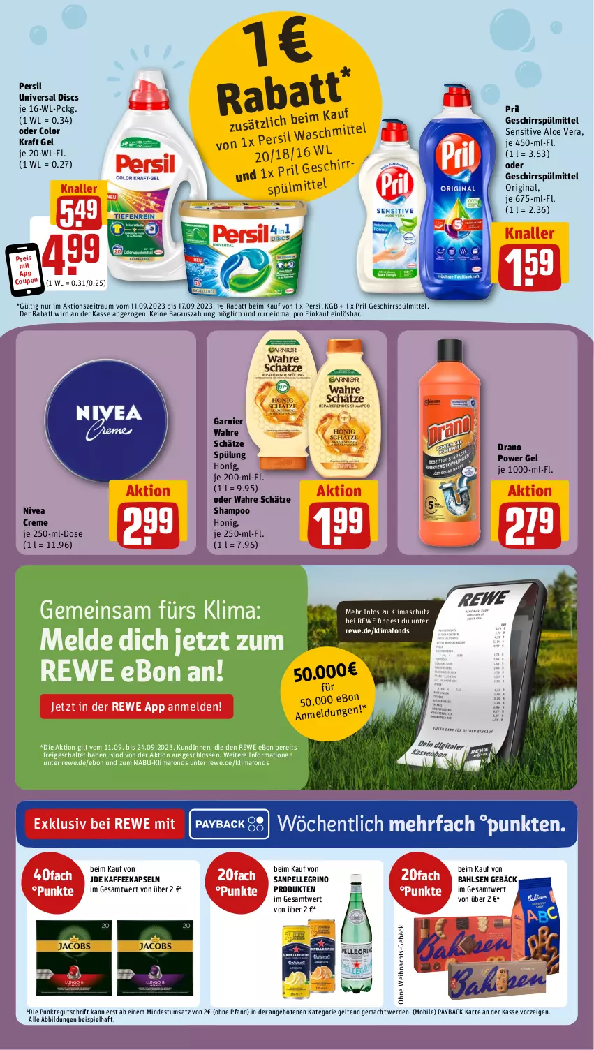 Aktueller Prospekt Rewe - Prospekte - von 11.09 bis 16.09.2023 - strona 13 - produkty: aloe vera, angebot, angebote, bahlsen, coupon, creme, eis, elle, erde, garnier, geschirr, geschirrspülmittel, gin, honig, kaffee, kaffeekapseln, kraft, mac, nivea, payback, persil, pril, reis, sanpellegrino, Schal, shampoo, spülmittel, spülung, Ti, Wahre Schätze