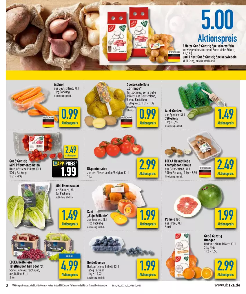 Aktueller Prospekt Diska - Prospekte - von 30.10 bis 04.11.2023 - strona 3 - produkty: aktionspreis, beere, beeren, braun, champignon, champignons, champignons braun, deka, eis, gurke, gurken, heidelbeere, heidelbeeren, Heu, Kaki, kartoffel, kartoffeln, leine, LG, mini-gurken, möhren, nuss, orange, orangen, pflaume, pflaumen, Pomelo, reis, rispentomaten, Romanasalat, salat, speisekartoffeln, Speisezwiebeln, tafeltrauben, Ti, tomate, tomaten, trauben, zwiebel, zwiebeln