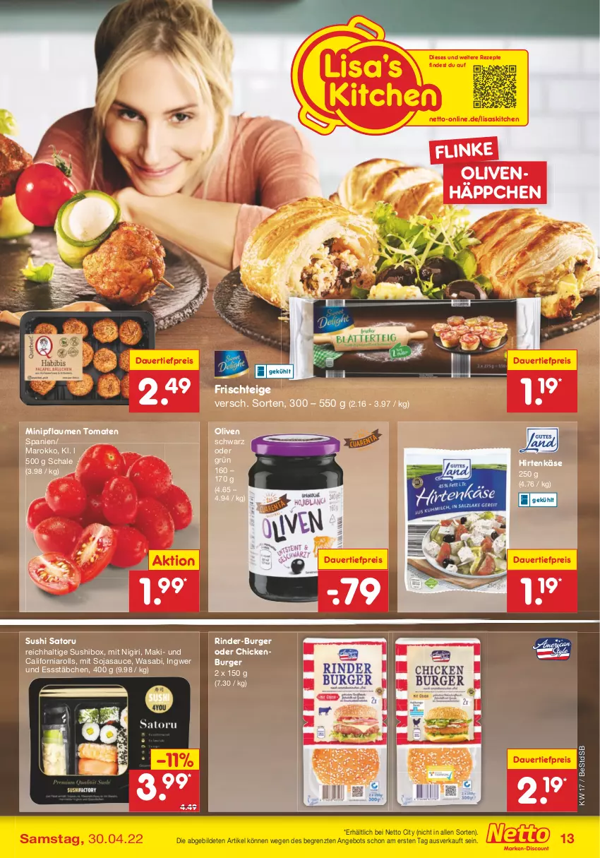 Aktueller Prospekt Netto Marken-Discount - Filial-Angebote - von 25.04 bis 30.04.2022 - strona 13 - produkty: angebot, auer, burger, dauertiefpreis, eis, hirtenkäse, ingwer, Käse, olive, oliven, pflaume, pflaumen, reis, rezept, rezepte, rind, rinder, sauce, Schal, Schale, soja, sojasauce, Sushi, Ti, tiefpreis, tomate, tomaten, wasa, ZTE