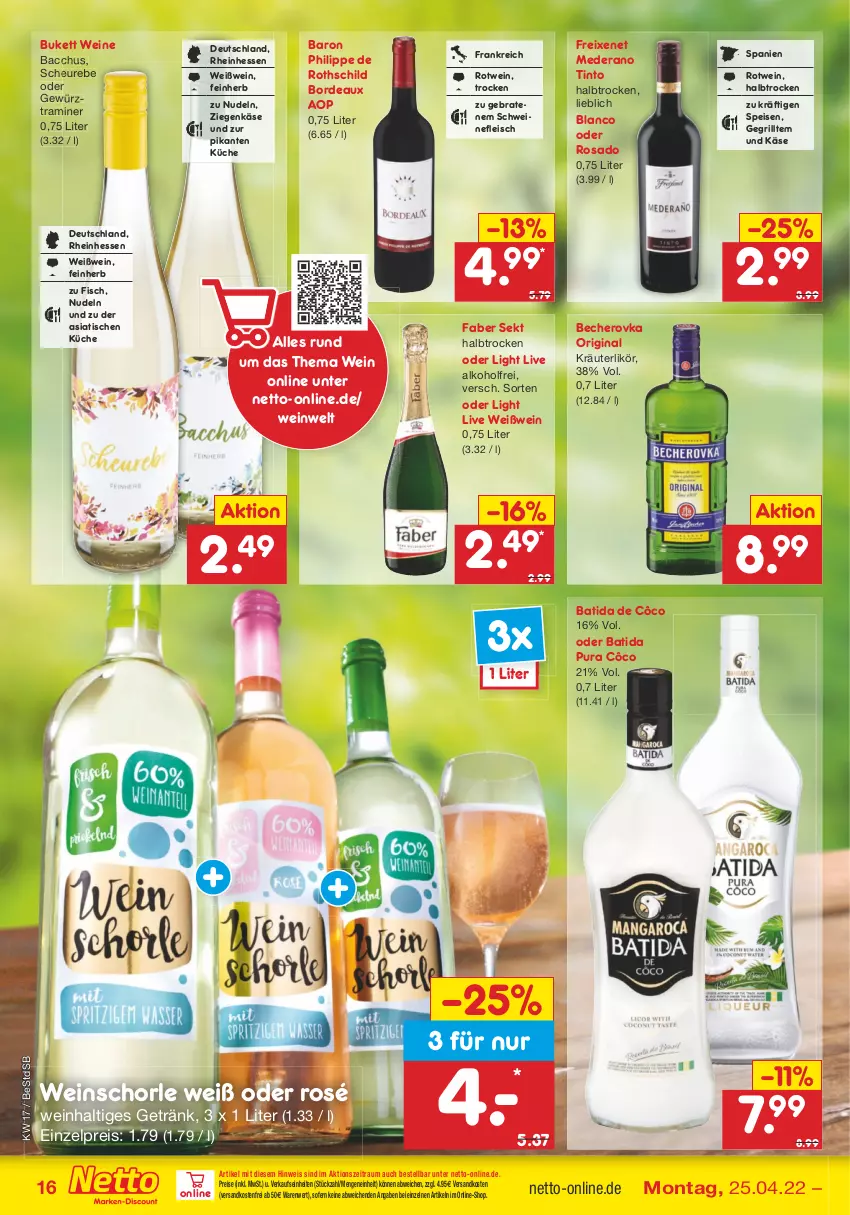 Aktueller Prospekt Netto Marken-Discount - Filial-Angebote - von 25.04 bis 30.04.2022 - strona 16 - produkty: ACC, alkohol, batida, batida de côco, Becher, Becherovka, braten, eis, fisch, fleisch, freixenet, getränk, gewürz, gin, grill, hero, Heu, Käse, kräuter, kräuterlikör, küche, likör, ndk, nudel, nudeln, reis, rotwein, schorle, schwein, schweine, schweinefleisch, sekt, Ti, tisch, versandkostenfrei, wein, weine, weinschorle, Weißwein, ziegenkäse