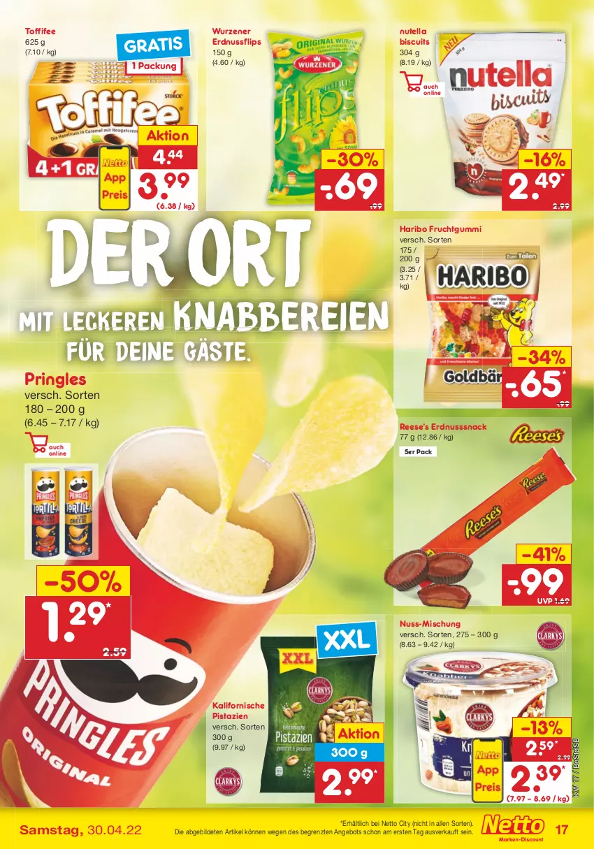 Aktueller Prospekt Netto Marken-Discount - Filial-Angebote - von 25.04 bis 30.04.2022 - strona 17 - produkty: angebot, erdnuss, frucht, fruchtgummi, haribo, nuss, nutella, pistazien, pringles, ring, snack, Ti, toffifee, ZTE