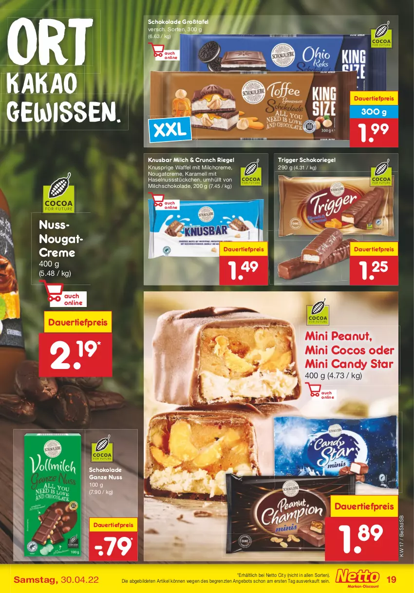 Aktueller Prospekt Netto Marken-Discount - Filial-Angebote - von 25.04 bis 30.04.2022 - strona 19 - produkty: angebot, auer, cocos, creme, dauertiefpreis, eis, haselnuss, kakao, karamell, milch, Nougatcreme, nuss, reis, riegel, schoko, schokolade, schokoriegel, Ti, tiefpreis, usb, ZTE