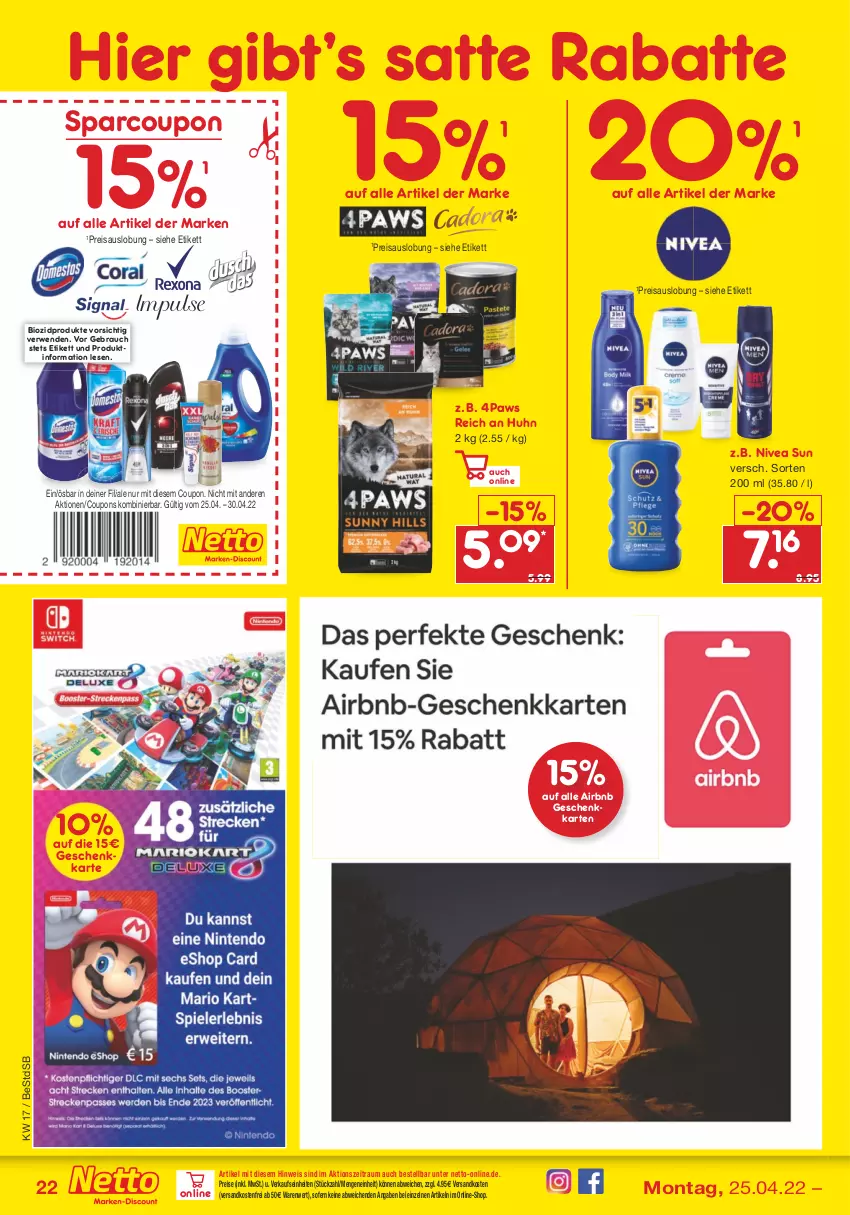 Aktueller Prospekt Netto Marken-Discount - Filial-Angebote - von 25.04 bis 30.04.2022 - strona 22 - produkty: bio, biozidprodukte, coupon, coupons, eis, ndk, nivea, nivea sun, Rauch, reis, rwe, Ti, versandkostenfrei