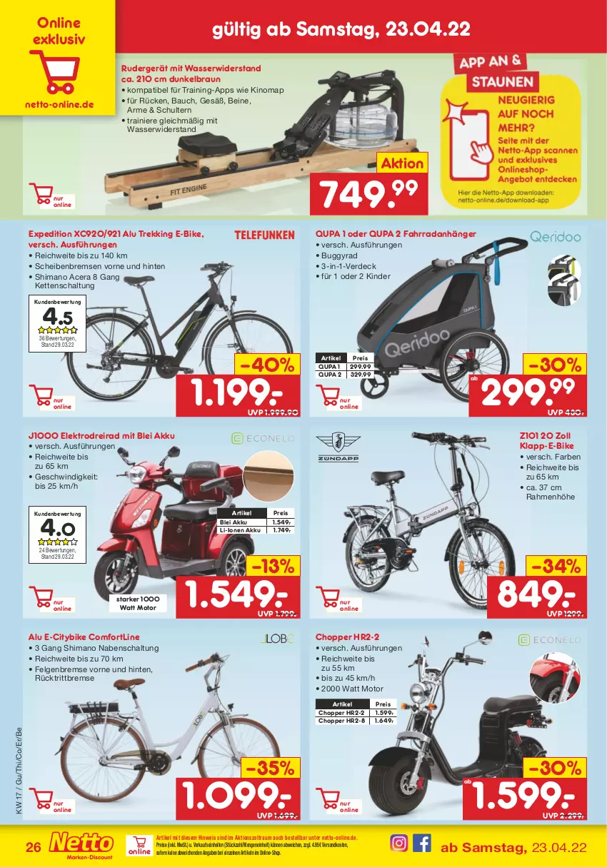 Aktueller Prospekt Netto Marken-Discount - Filial-Angebote - von 25.04 bis 30.04.2022 - strona 26 - produkty: acer, akku, Anhänger, Bau, braun, Buggy, Dreirad, E-Bike, eis, Elektro, erde, Fahrrad, felgen, Kette, Kinder, LG, ndk, reis, rücktrittbremse, Schal, shimano, Ti, wasser