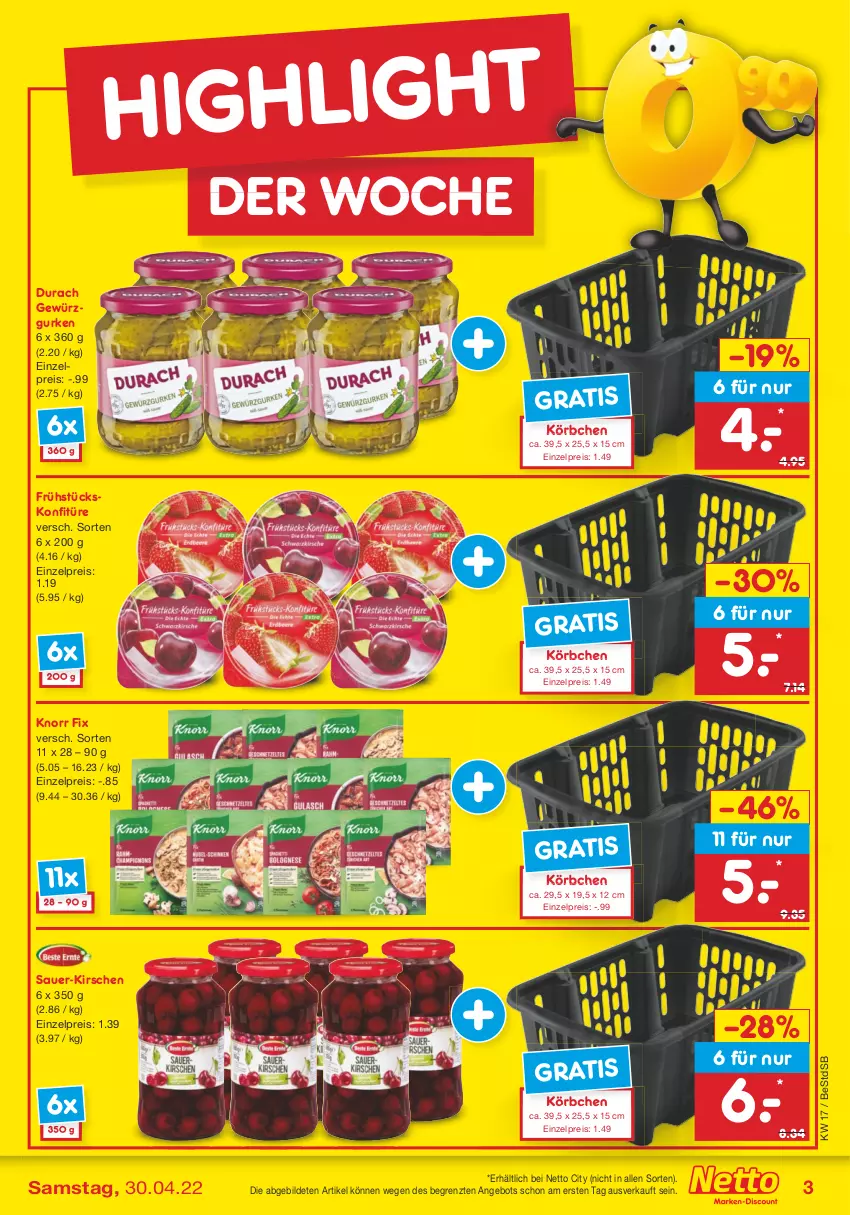 Aktueller Prospekt Netto Marken-Discount - Filial-Angebote - von 25.04 bis 30.04.2022 - strona 3 - produkty: angebot, auer, eis, gewürz, Gewürzgurke, gewürzgurken, gurke, gurken, kirsch, kirsche, kirschen, knorr, knorr fix, konfitüre, Körbchen, reis, Ti, ZTE