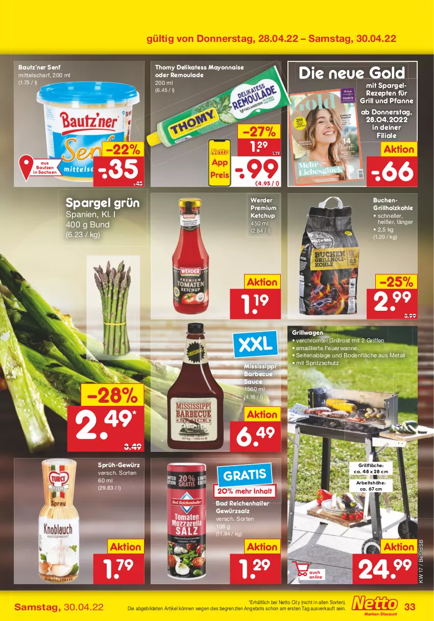 Aktueller Prospekt Netto Marken-Discount - Filial-Angebote - von 25.04 bis 30.04.2022 - strona 33 - produkty: angebot, Bad, barbecue, Bau, buch, elle, erde, für grill und pfanne, gewürz, gewürzsalz, grill, grill und pfanne, grillfläche, grillholzkohle, grillrost, Holz, holzkohle, ketchup, magazin, mayonnaise, pfanne, remoulade, rezept, rezepte, sac, salz, sauce, senf, spargel, spargel grün, Spritzschutz, thomy, Ti, und pfanne, Wanne, Yo, ZTE