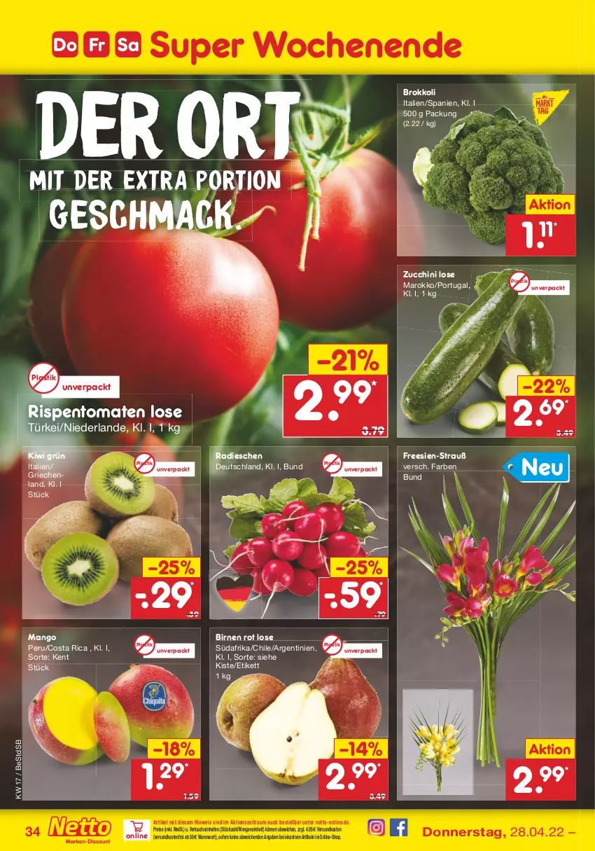 Aktueller Prospekt Netto Marken-Discount - Filial-Angebote - von 25.04 bis 30.04.2022 - strona 34 - produkty: asti, Birnen, brokkoli, eis, kiwi, mac, mango, ndk, radieschen, reis, rispentomaten, Ti, tomate, tomaten, versandkostenfrei, zucchini