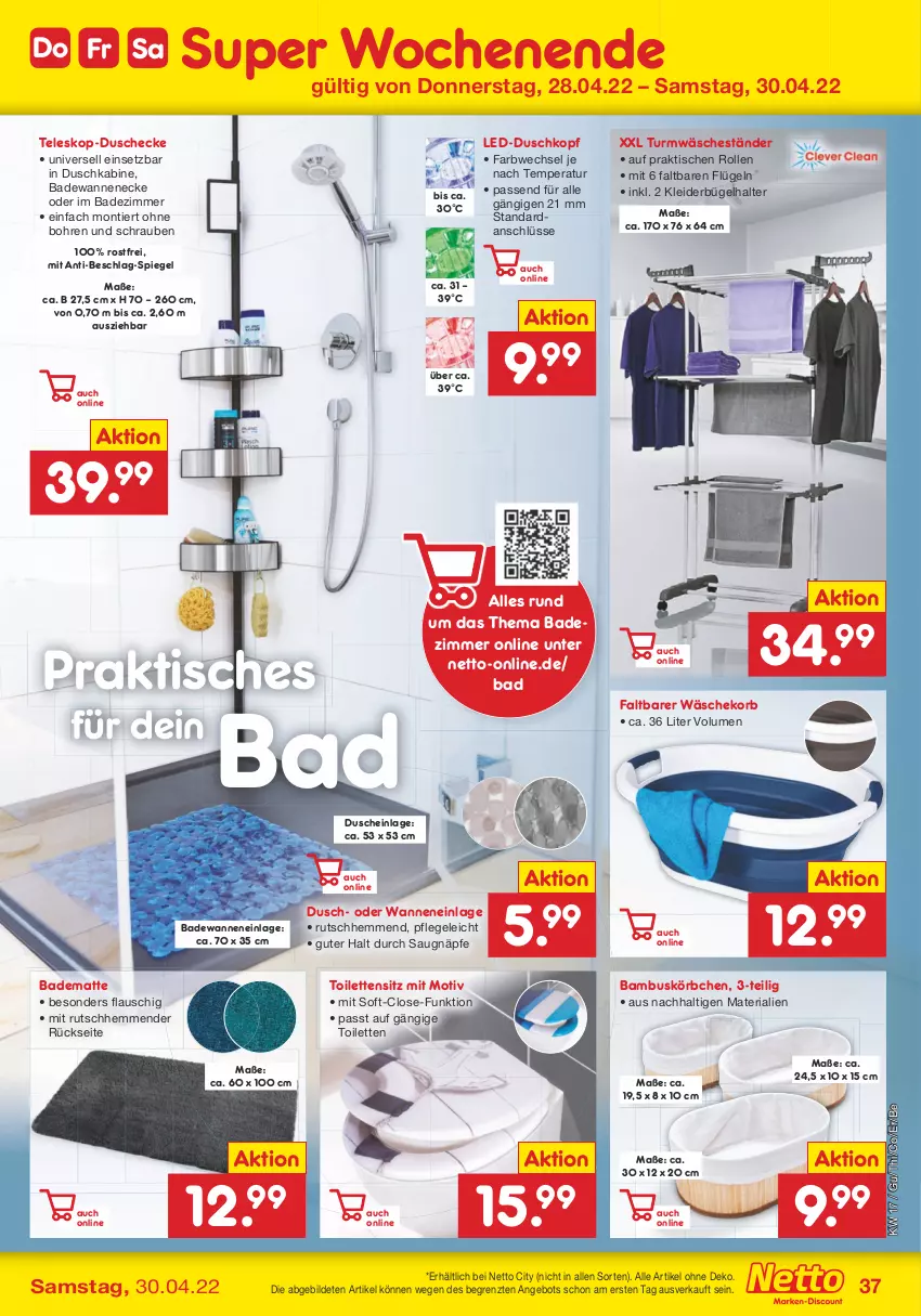 Aktueller Prospekt Netto Marken-Discount - Filial-Angebote - von 25.04 bis 30.04.2022 - strona 37 - produkty: angebot, Bad, badematte, Badewanne, bambus, bügel, dusche, kleid, kleider, kleiderbügel, korb, Körbchen, passend für alle, Ria, schrauben, spiegel, Teleskop, Ti, tisch, Wanne, wäschekorb, ZTE