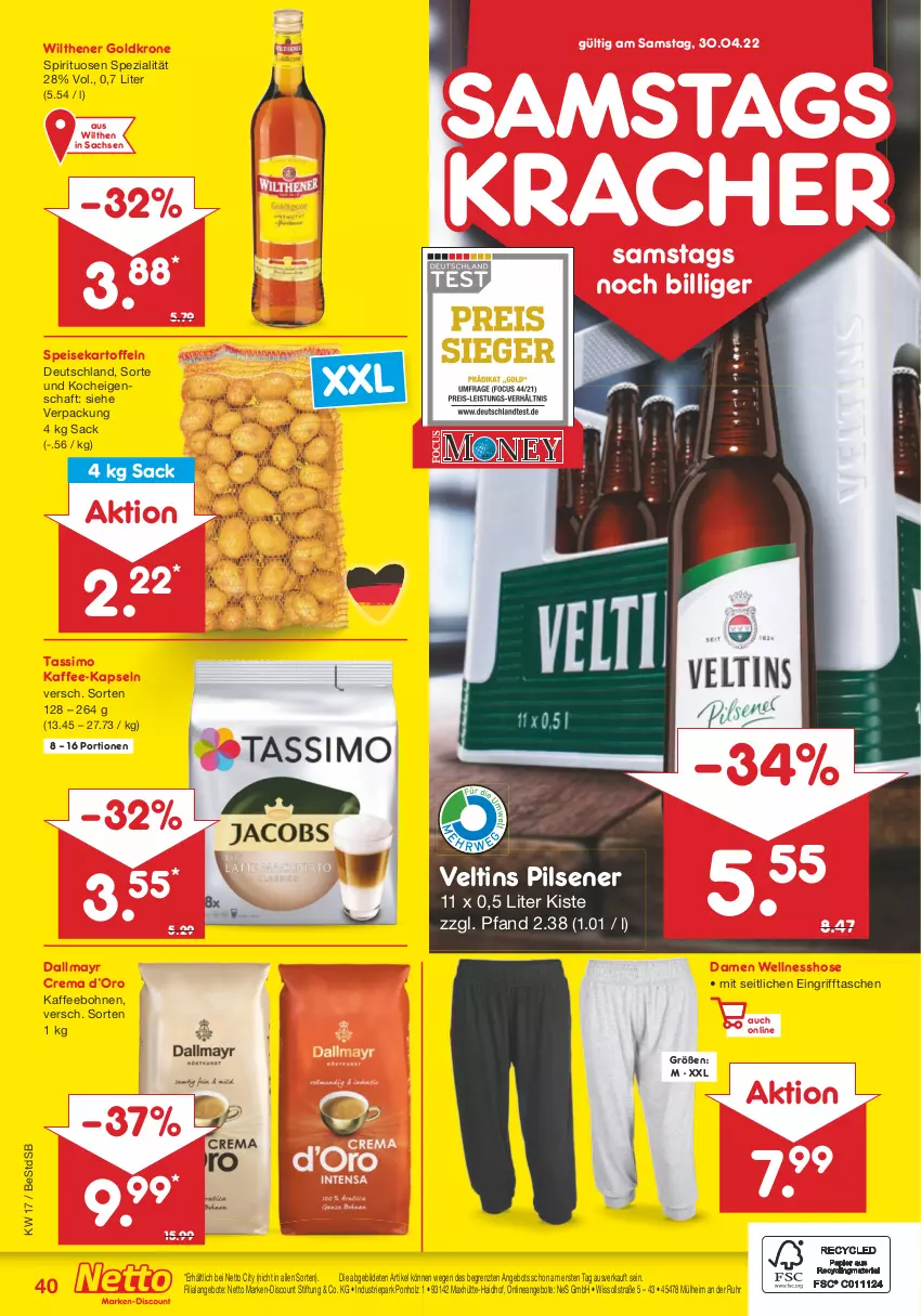 Aktueller Prospekt Netto Marken-Discount - Filial-Angebote - von 25.04 bis 30.04.2022 - strona 40 - produkty: angebot, angebote, bohne, bohnen, dallmayr, discount, eis, goldkrone, Holz, hose, kaffee, kaffee-kapseln, kaffeebohnen, kartoffel, kartoffeln, kracher, krone, marken-discount, pils, pilsener, sac, sim, speisekartoffeln, Spezi, spirituosen, Tasche, taschen, tassimo, Ti, uhr, veltins, veltins pilsener, wilthener, Wilthener Goldkrone, ZTE