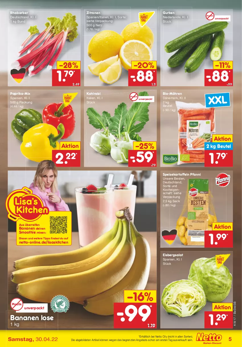 Aktueller Prospekt Netto Marken-Discount - Filial-Angebote - von 25.04 bis 30.04.2022 - strona 5 - produkty: angebot, asti, banane, bananen, beutel, bio, eis, eisbergsalat, gurke, gurken, kartoffel, kartoffeln, kohlrabi, möhren, paprika, pfanni, reifen, rhabarber, sac, salat, smoothie, speisekartoffeln, Ti, zitrone, zitronen, ZTE