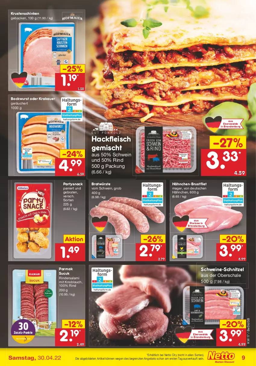 Aktueller Prospekt Netto Marken-Discount - Filial-Angebote - von 25.04 bis 30.04.2022 - strona 9 - produkty: angebot, auer, bockwurst, braten, brustfilet, eis, filet, fleisch, geback, hackfleisch, hackfleisch gemischt, hähnchen-brustfilet, knoblauch, krakauer, Krustenschinken, mit knoblauch, rind, rinder, Rindersalami, salami, Schal, Schale, schinken, schnitzel, schwein, schweine, schweine-schnitzel, snack, Sucuk, Ti, wein, weine, wurst, ZTE