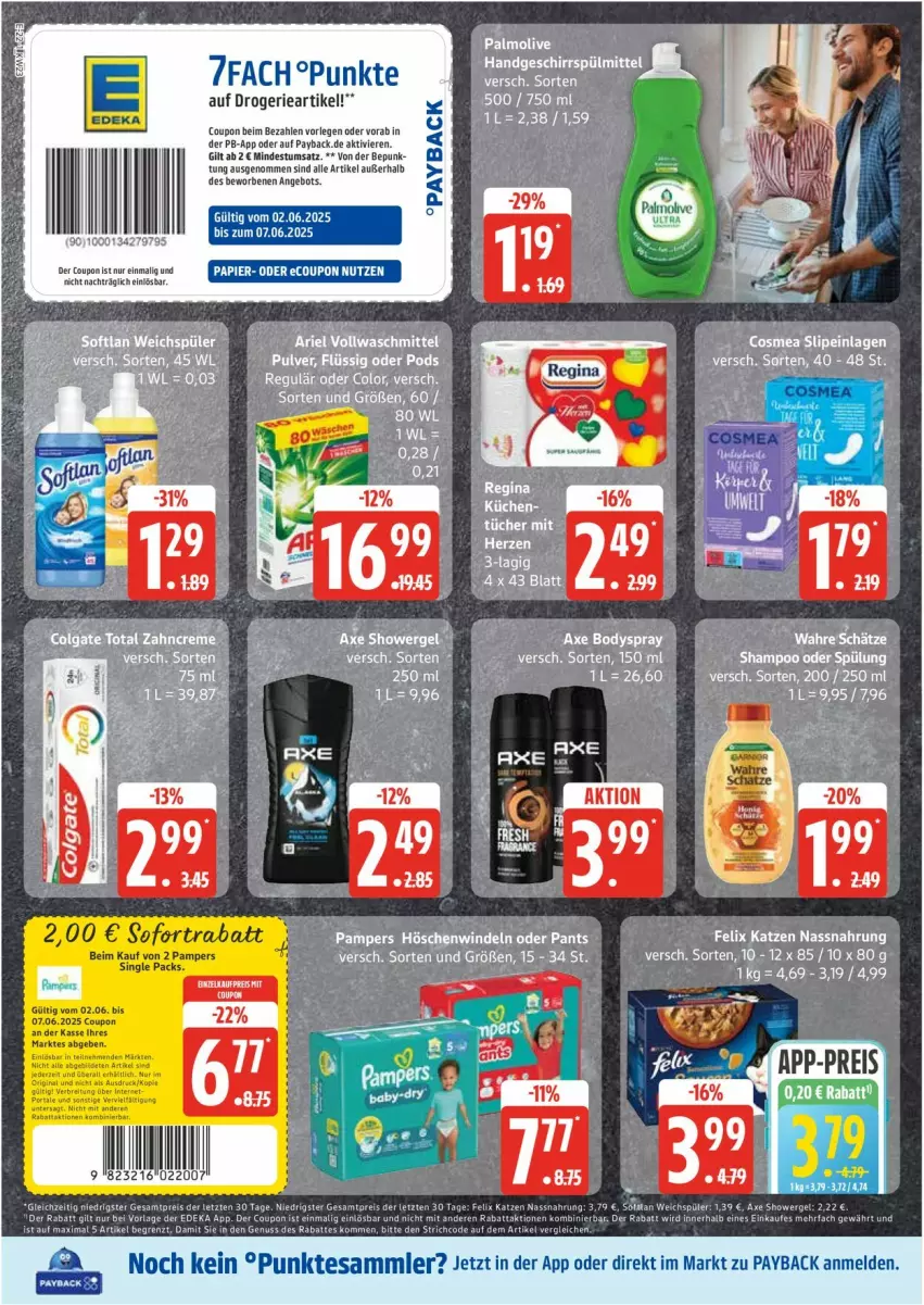 Aktueller Prospekt Edeka - Prospekte - von 02.06 bis 07.06.2025 - strona 22 - produkty: angebot, axe, coupon, ente, felix, geschirr, geschirrspülmittel, küche, Küchen, Nassnahrung, olive, palmolive, pampers, Pants, papier, payback, shampoo, shampoo oder spülung, sofortrabatt, spülmittel, spülung, Ti, tücher, weichspüler, windeln, windeln oder pants