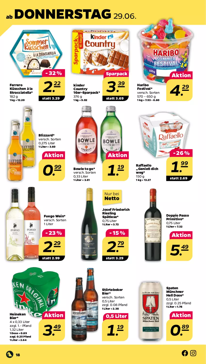 Aktueller Prospekt Netto - Woche 26 - von 26.06 bis 01.07.2023 - strona 18 - produkty: ACC, bier, Blizzard, bowle, doppio passo, ferrero, Ferrero Küsschen, haribo, heineken, Kinder, kinder country, passo, primitivo, raffaello, riesling, Spaten, störtebeker, Ti, wein