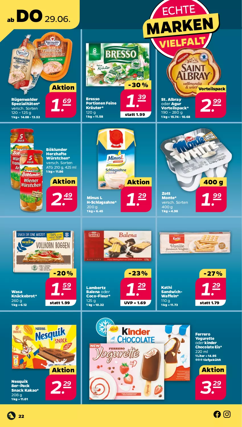 Aktueller Prospekt Netto - Woche 26 - von 26.06 bis 01.07.2023 - strona 22 - produkty: albray, Amber, böklunder, bresso, brot, cola, eis, ferrero, kakao, Kinder, knäckebrot, kräuter, lambertz, monte, nesquik, rügenwalder, sahne, sandwich, schlagsahne, snack, Spezi, St. Albray, Ti, waffeln, wasa, würstchen, Yo, yogurette, zott, Zott Monte