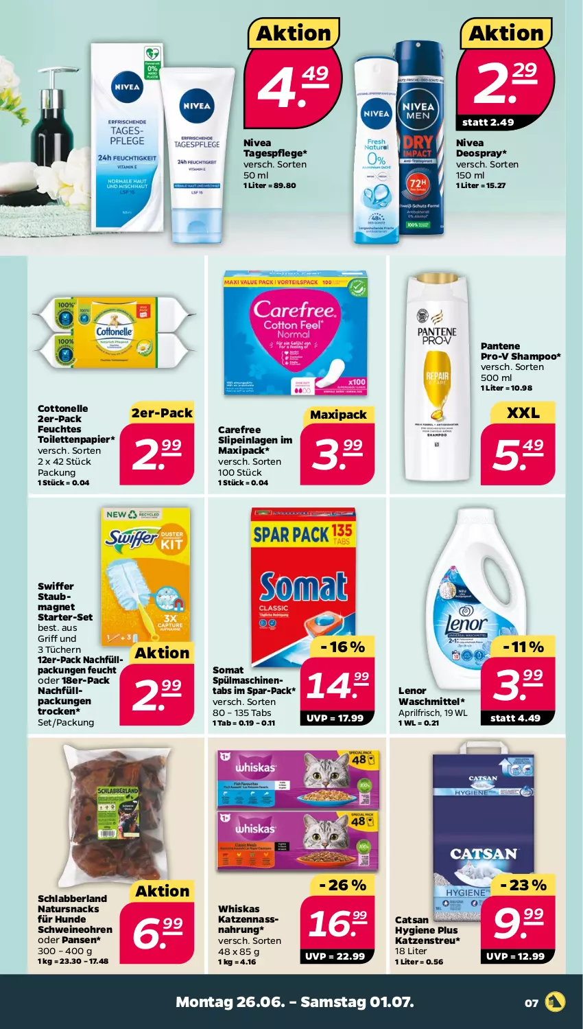 Aktueller Prospekt Netto - Woche 26 - von 26.06 bis 01.07.2023 - strona 7 - produkty: carefree, catsan, cottonelle, deo, deospray, elle, feuchtes toilettenpapier, Katzenstreu, lenor, lenor waschmittel, Nassnahrung, natur, nivea, pantene, pantene pro-v, papier, pril, pro-v, schwein, schweine, shampoo, slip, slipeinlagen, snack, snacks, somat, spülmaschinen, spülmaschinentabs, staubmagnet, swiffer, Tagespflege, Ti, toilettenpapier, tücher, waschmittel, wein, weine, whiskas