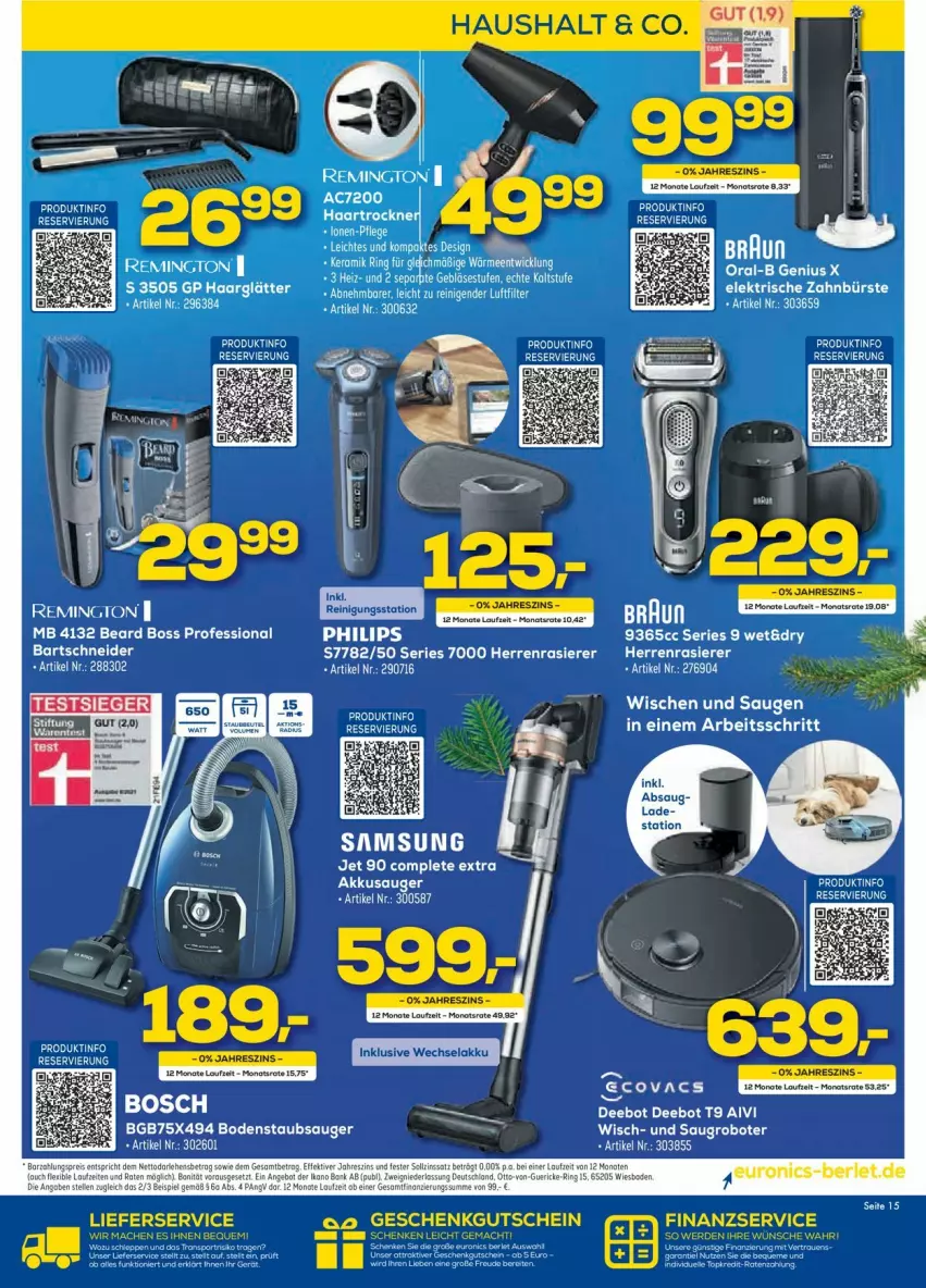 Aktueller Prospekt Euronics - Prospekte - von 15.12 bis 22.12.2021 - strona 15 - produkty: akku, Bad, bodenstaubsauger, bosch, boss, buch, bürste, eier, elektrische zahnbürste, gutschein, haarglätter, herrenrasierer, oral-b, rasierer, remington, ring, Saugroboter, staubsauger, Ti, zahnbürste