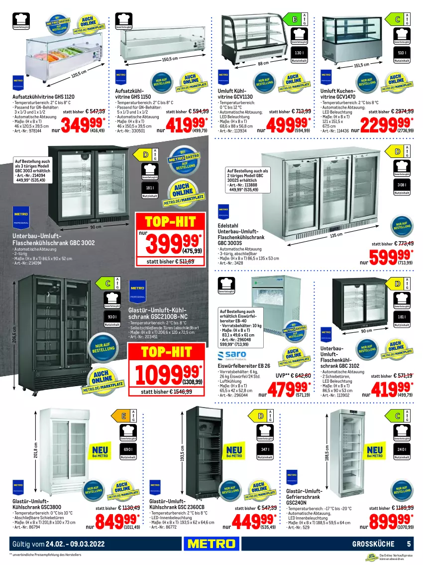 Aktueller Prospekt Metro - Profi Technik Spezial - von 24.02 bis 09.03.2022 - strona 5 - produkty: auto, Bau, Behälter, beleuchtung, dell, edelstahl, eis, eiswürfel, eiswürfelbereiter, elle, flasche, gefrierschrank, Glastür, küche, kuchen, kühlschrank, Mode, reis, Schrank, teller, Ti, tisch, vitrine, würfel