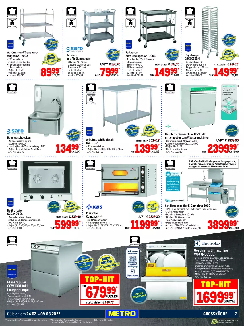 Aktueller Prospekt Metro - Profi Technik Spezial - von 24.02 bis 09.03.2022 - strona 7 - produkty: Alwa, Bau, Behälter, brause, edelstahl, eis, elle, geschirr, Gläser, küche, laufräder, Ofen, pizza, Pizzaofen, Rauch, regal, reiniger, reis, Servierwagen, Sport, spülmittel, teller, Ti, tisch, Transportwagen, waschbecken, waschmittel, wasser, wasserenthärter, wassertank