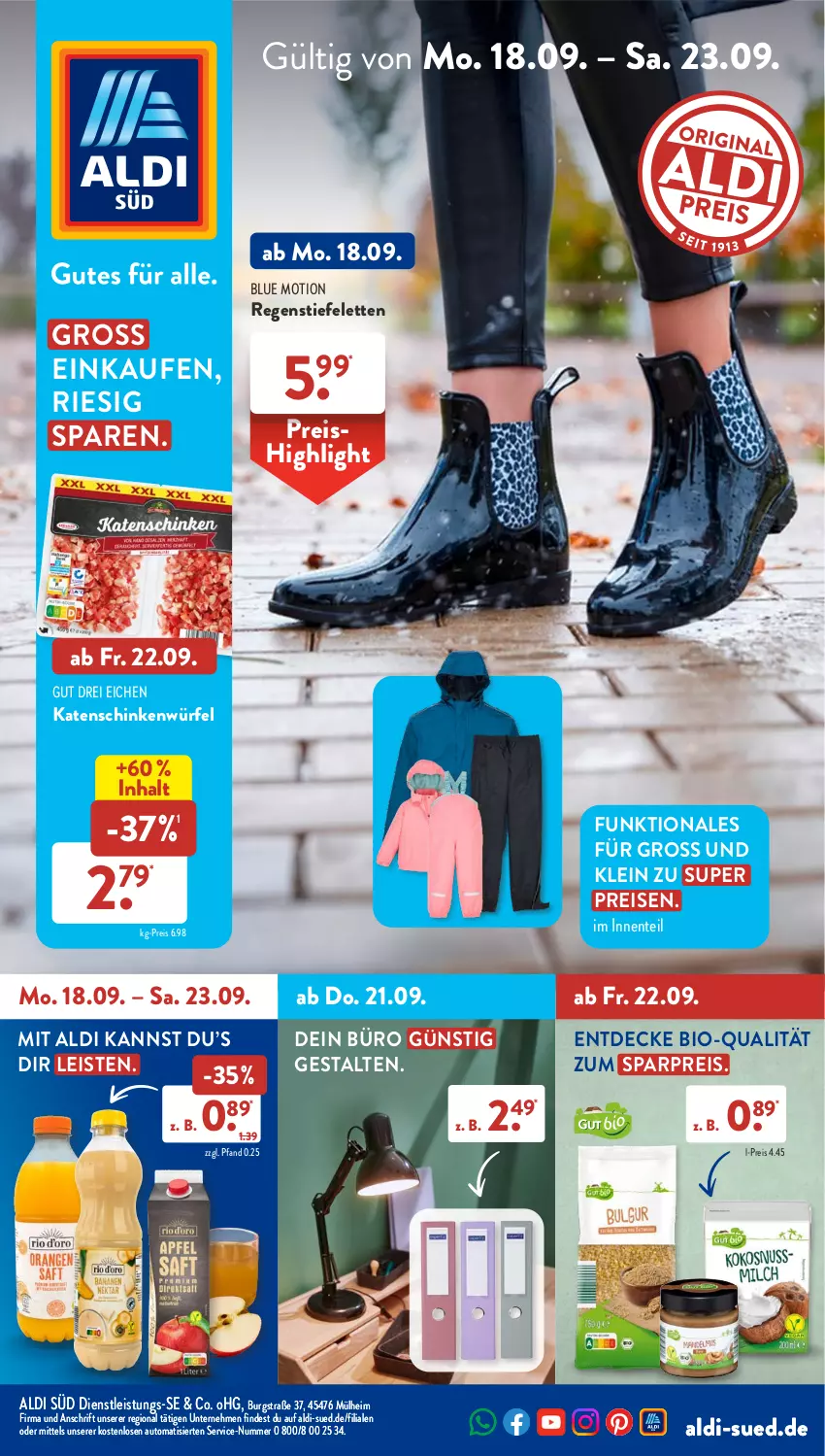 Aktueller Prospekt AldiSud - NÄCHSTE WOCHE - von 18.09 bis 23.09.2023 - strona 1 - produkty: aldi, auto, bio, decke, eis, ente, katenschinken, reis, schinken, Stiefeletten, Ti, würfel