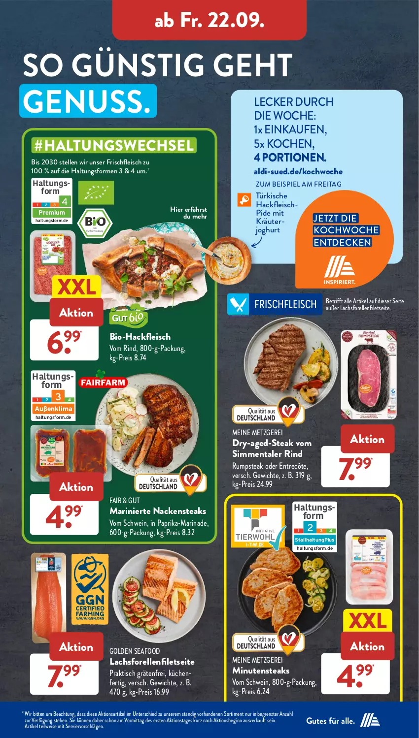 Aktueller Prospekt AldiSud - NÄCHSTE WOCHE - von 18.09 bis 23.09.2023 - strona 35 - produkty: aldi, bio, Bio-Hackfleisch, decke, eis, elle, entrecôte, filet, filets, fleisch, forelle, gin, gsw, hackfleisch, HP, joghur, joghurt, kräuter, küche, Küchen, lachs, marinade, minutensteaks, Nackensteak, nackensteaks, nuss, paprika, reis, rel, rind, rum, rumpsteak, schwein, sim, steak, steaks, Ti, tisch, wein, ZTE